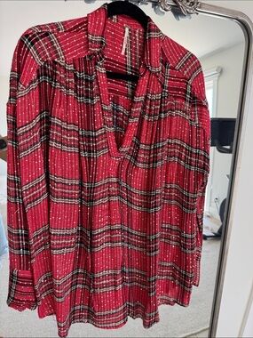 Free People Red Plaid Metallic Thread Peasant Blouse